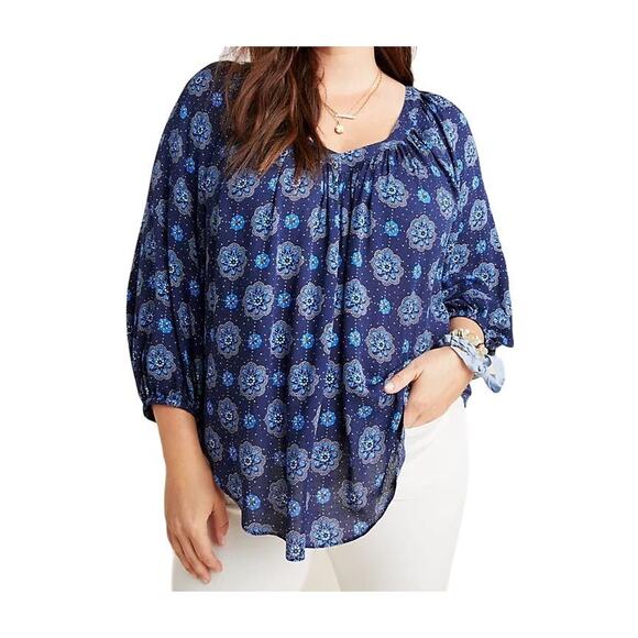 Maeve Anthropologie Blue Printed Boswell 3/4 Sleeve Blouse Size 12 - Picture 1 of 8